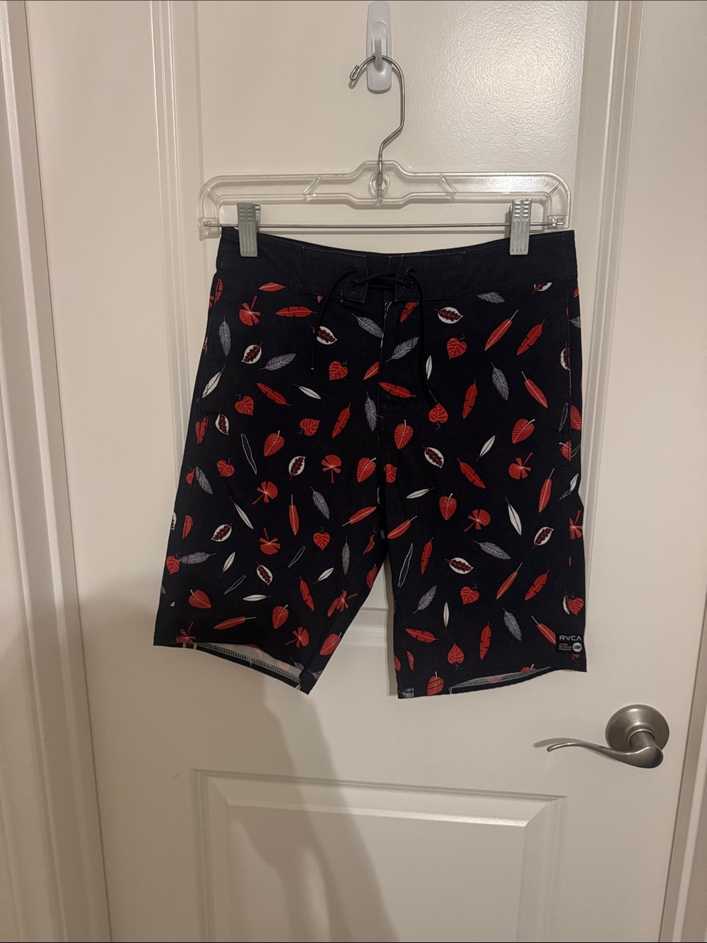 RVCA Black Swim Trunks with Red and White Leaf Pattern